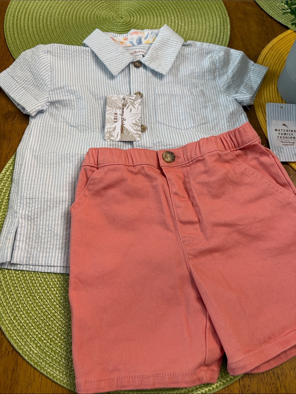 Tommy Bahama Light Blue Striped Button-Down Shirt with Coral Pink Shorts